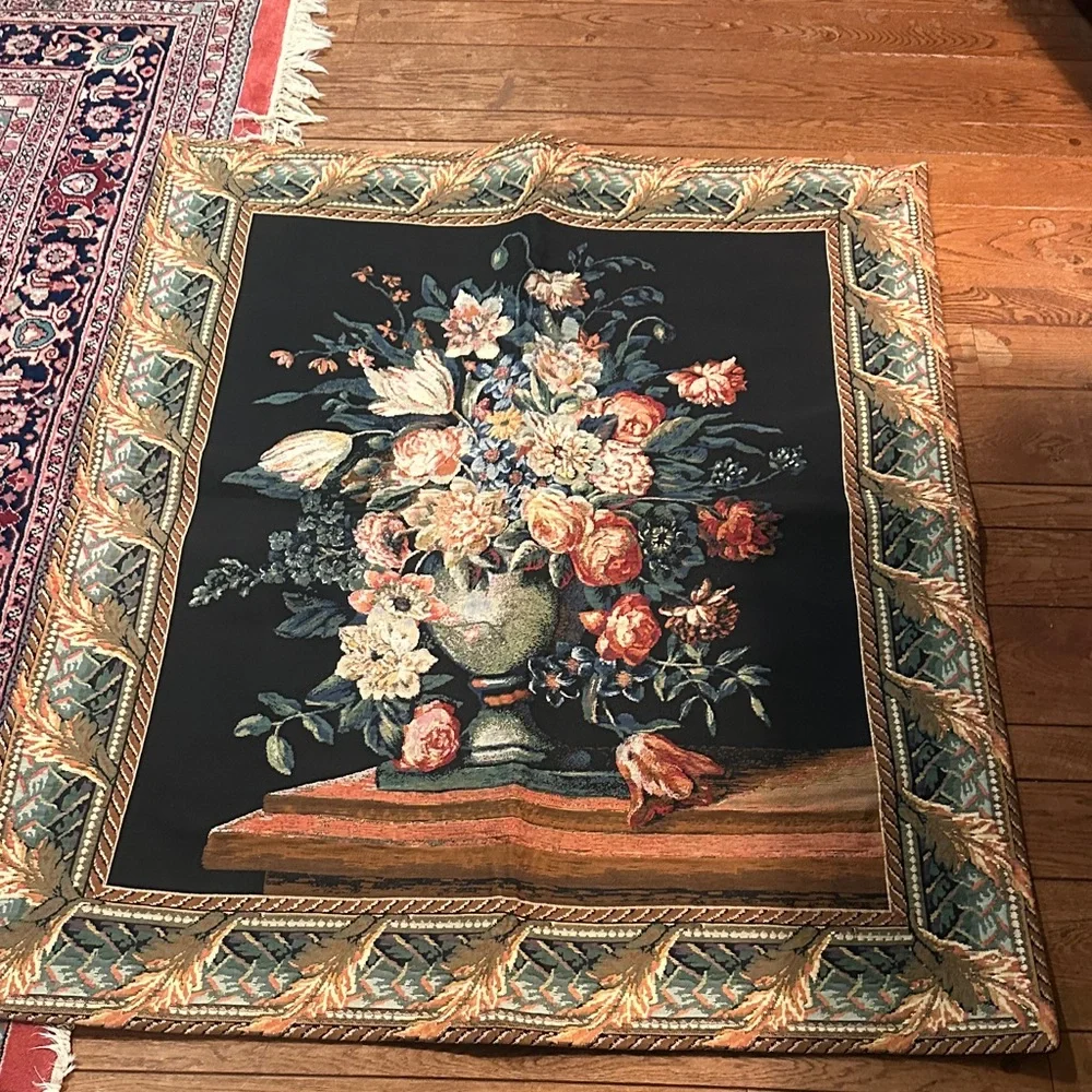 Vintage Floral Tapestry Wall Hanging in Black and Multicolor